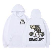 Fish Skeleton Deadlift Fish Bone Gym Workout Vintage Graphic Hoodie Men Women Winter Long-sleeved Fashionable Casual Sportswear 3XL white