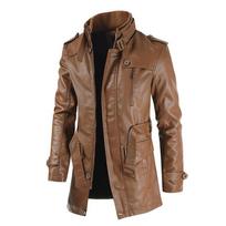 Mens Mid Length Stand Collar Pu Leather Loose Windbreaker Coat 4XL black