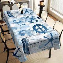 Nautical Sailboat & Anchor Print Tablecloth, Vintage Wood Plank Background, Scalloped Edge, Stain Resistant for Dining Room 90x140cm gray