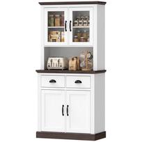 Aukšta virtuvės spintelė su stiklinėmis durelėmis 2 stalčiai Reguliuojamos lentynos Atviras skyrius 80x38x170 Cm Baltas