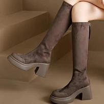 Fashion Fur High Heels Women's Long Boots Platform Elegant Heeled Ladies Knee Shaft Shoes Round Toe on Promotion Sale Spring Autumn Hot 40 black