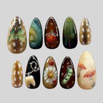 24Pcs Forest Themed Almond Press On Nails With Butterfly Mushroom And Polka Dot Designs Ideal Gift For Women black