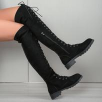 Comemore Thigh High Boots Women Spring Autumn Suede Solid Color Lace Up Long Botas Casual Thick Low Heel  Over The Knee Boots 43 juoda