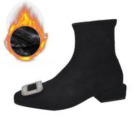 Warm Fur Women Sock Ankle Boots Fashion Elegant Rhinestone Shoes Autumn Winter Low Heel Women's Stretch Short Booties 35