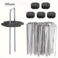 100 Sets Heavy-Duty U-Shaped Zinc Alloy Tent Stakes with Washers - Ideal for Outdoor Tents, Gardening Fabric, Landscape Cloth. Brown gray