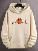Fashion Kids Hip Hop Sports Hooded Sweatshirt, Unique Basketball Pulse Line Art Graphic, Loose Drawstring Pullover For Boys Street Outfit L gray
