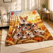 Autumn Corgi Puppies Coral Fleece Blanket Wheat Field Dog Decor 75cm*90cm orange