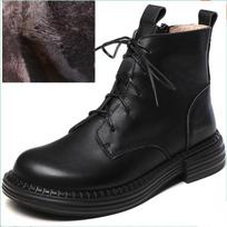 Winter Warm Boots Women Lace-Up Round Toe Flat Ankle Boots Handmade Retro Real Cowhide Side Zipper Plush Cotton Shoes 37
