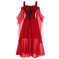 Women Plus Size Cold Shoulder Butterfly Sleeve  Halloween Gothic Dress XXXXL raudona