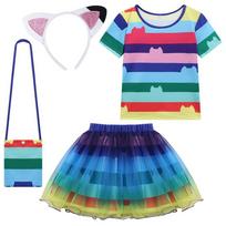 Kids Gabby Doll House Cosplay Stripe T-shirt Rainbow Skirt Bag Sets Girls Carnival Birthday Party Clothing Children Fancy Suits 120cm blue