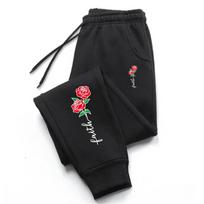 Red-rosefaith Men Sweatpants Pocket Faith Rose Motif, Leg Bright Floral Script Print, Side Pocket Drawstring Jogger Pants for Urban Daily Wear 3XL black
