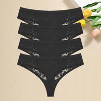 FINETOO 4Pcs Lace Hollow Out Thongs Underwear Women Floral Print Panties Sexy Low-Waist G-String Girls Soft Perspective Lingerie XL&4pcs beige