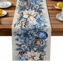 Christmas Blue Poinsettia Ball Berry Linen Table Runner Party Decor Winter Xmas Kitchen Dining Table Runner Christmas Decoration 150x33cm
