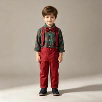 Boys Cotton Long Sleeve Shirt and Suspenders Pants Christmas Outfit for 1st Birthday 110 rožinė