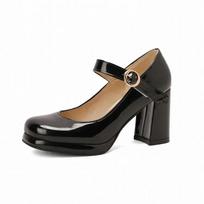 PU Patent Leather Green Navy Blue Closed Toe Mature Ladies Office Pumps Buckle Strap Vintage Women Mary Janes Shoes Block Heels 43 black