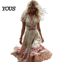 Women's Formal Dress Floral Print Maxi Short Sleeve V Neck Swing Lightweight A-line Boho Flowy A-Line Casual Prom Party Wedding Guest Evening Wear S smėlis