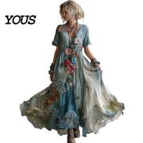 Women's Formal Dress Floral Print Maxi Short Sleeve V Neck Swing Lightweight A-line Boho Flowy A-Line Casual Prom Party Wedding Guest Evening Wear L mėlyna