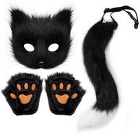 Helovino kostiumo aksesuarų rinkinys Moterims Pliušinė lapės kaukė Realistiška uodega Atitinkamos pirštinės 18 spalvų variantų Black Set with White Tail black
