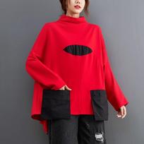 Women's Plus Size Irregular Big Size Tops Turtleneck Long Sleeve Patchwork Hoodie Sweatshirt with Pocket XL raudona