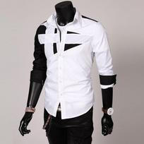 Men Shirts Slim Fit Color Contrast Casual Shirts Long Sleeve Splice Shirts for Men M white