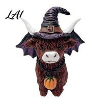 Innovative Halloween Home Accents Highland Cow Figurine Wizard Broom & Bat Wing Pumpkin Healing Style Festive Decorations Ornament Weatherproof F black