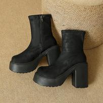 Block Heel Platform Skinny Elastic Boots European and American Retro Super High Heel Small Man Platform Hate Sky High Booties 40 black