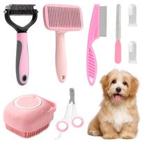 8-piece dog brush grooming set, pet self-cleaning set, with pet nail clippers and files, flea comb, pet shampoo bath brush, pet pink