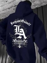Old English Script LA Floral Ornament Quote Art Print Men White Hoodie, Hip Hop Outdoor Training Loose Sports Sweatshirt 2XL
