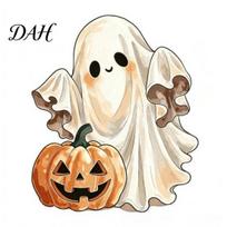 Wood Pumpkin Sign Halloween Wooden Ghost Ornament with Pattern, Double Sided Desktop Decoration, Small Craft Spooky Tiered Tray Decor, Tabletop beige