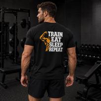 Train Eat Sleep Repeat Gym T-Shirt, Vintage Bodybuilding Graphic Workout Tee 120 black