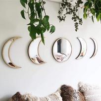 5pcs Acrylic Moon Phase Mirror Wood Frame Wall Decor Hanging Mirror for Living Room Bedroom Home Decoration Type 2 white