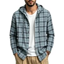 Men's Hooded Plaid Button Down Shirt, Long Sleeve Casual Lightweight Checkered Hoodie Shirt with Drawstring S šviesiai mėlyna spalva
