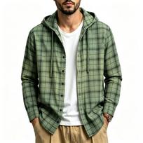 Men's Hooded Plaid Button Down Shirt, Long Sleeve Casual Lightweight Checkered Hoodie Shirt with Drawstring L žalia