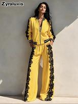 Fitness Set Lace Patch Zipper Jacket Wide Leg Pants Two Piece Outfit XXXL geltona