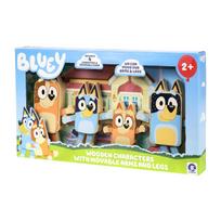 Bluey Characters Wooden Figures, Set of 4, Colorful Articulated Wooden Toys for Toddlers, Includes Bingo, Chili, and Bandit, Block Set for Ages 3 and beige