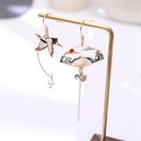 Chinese Style Folding Fan Birds Cloud Hanging Dangle Ethnic Earring Women Asymmetric Fish Cat Rabbit Bird Animal Drop Earrings