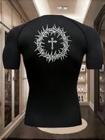 Compression Short Sleeve T-Shirt Back Print Crown Of Thorns And Cross Graphic Quick Dry Breathable High Elasticity Christian Gym And MMA Athletic Top 3XL juoda