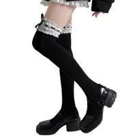 Japanese Sweet Ruffle Lace Top Thigh High Socks with Ribbon Bowknot Elegant Cotton Over Knee Long Stockings for Women black