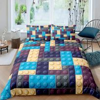 3D Building Block Puzzle Chess Comfortable Duvet Quilt Cover Pillowcase Bedding Set Children Bedroom Decoration Home Textile EU Single 135*200cm/53x79in 3pcs gray