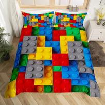 3D Building Block Puzzle Chess Comfortable Duvet Quilt Cover Pillowcase Bedding Set Children Bedroom Decoration Home Textile EU Single 135*200cm/53x79in 3pcs