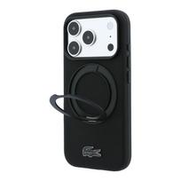 Lacoste PVC Petit Pique pusiau uždengiamas dėklas su žiediniu stovu ir MagSafe funkcija, skirtas iPhone 18 Pro, juodas
