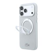 Lacoste PVC Petit Pique pusiau uždengiamas dėklas su žiediniu stovu ir MagSafe funkcija, skirtas iPhone 18 Pro, šviesiai pilkas