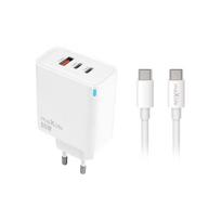 Maxlife MXTC-09-65ACC PD QC įkroviklis 2x USB-C 1x USB 65W baltas + USB-C – USB-C laidas 2.0m 100W