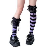 Japanese Ruffle Lace Top Thigh High Socks with Bows Subculture Gothic Punk Stripe Over Knee Long Stockings for Women black