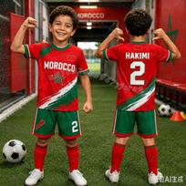 26 Boys Girls Morocco Soccer Fans Jersey Morocco Flag Hakimi 10 Print T-Shirt Shorts Set Tracksuit 2 Pieces Set Child-Parent Set 110