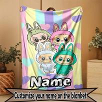 Custom Name Personalized Labubu Print Blanket, Home Decor, Bedroom, Sofa, Camping, Couch, Gifts for Birthday ChristmasEnthusiasts 80cmx120cm white