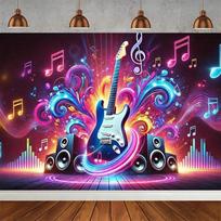 Rock music guitar drum theme birthday party banner background, dance notes band music stage photography studio background props21 59×39inch/150*100cm blue