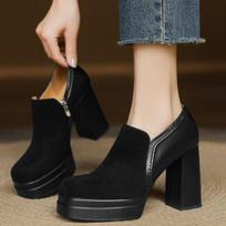 Retro Deep Mouth Bench Round Toe Thick High Heels Women Platform Soles Not Tired Feet Small Single Shoes 39 juoda