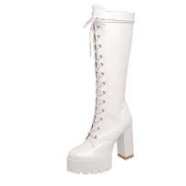 Patent Leather White Knee High Boots Lace Up Ladies Platform Boots High Heels Fashion Nightclub Patry Shoes 40