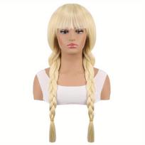 Blonde Long Double Braids Wig with Bangs, Synthetic Straight Hair for Cosplay, Halloween and Themed Party beige